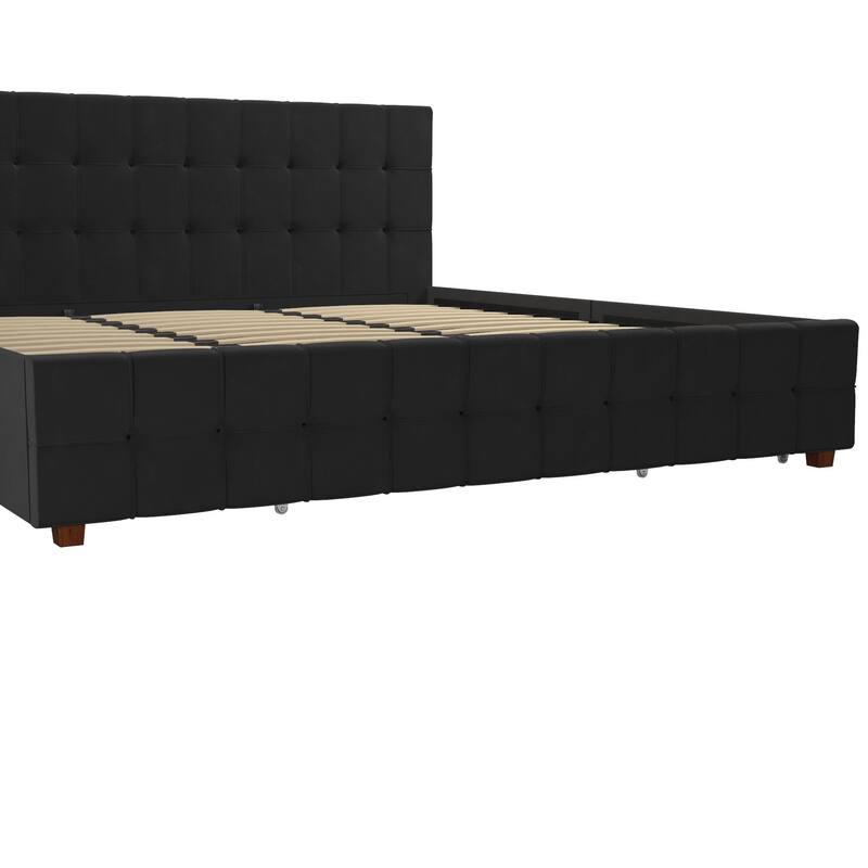 Roomfitters King Velvet Upholstered Bed Frame with Storage Drawers and Square Tufted Headboard, Black