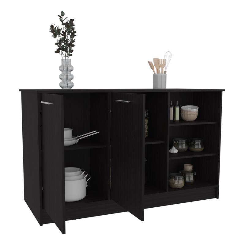 Ginger Kitchen Island, Three Open Shelves, Two Cabinets Black