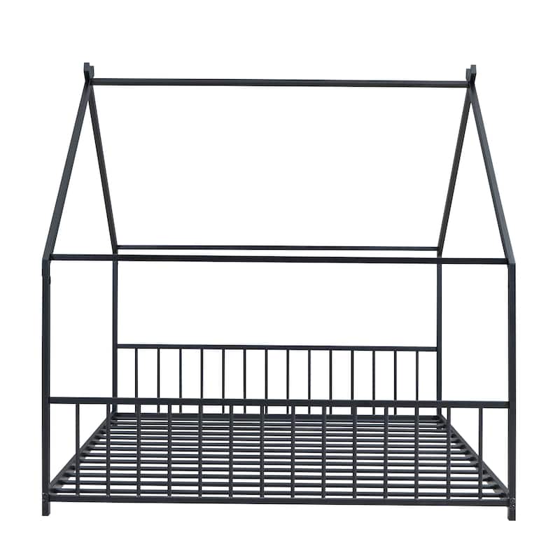 Metal House Bed with Roof, Fence, and Back