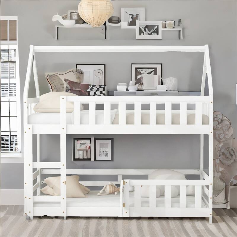 Twin over Twin House Bunk Bed with Fence and Door - White