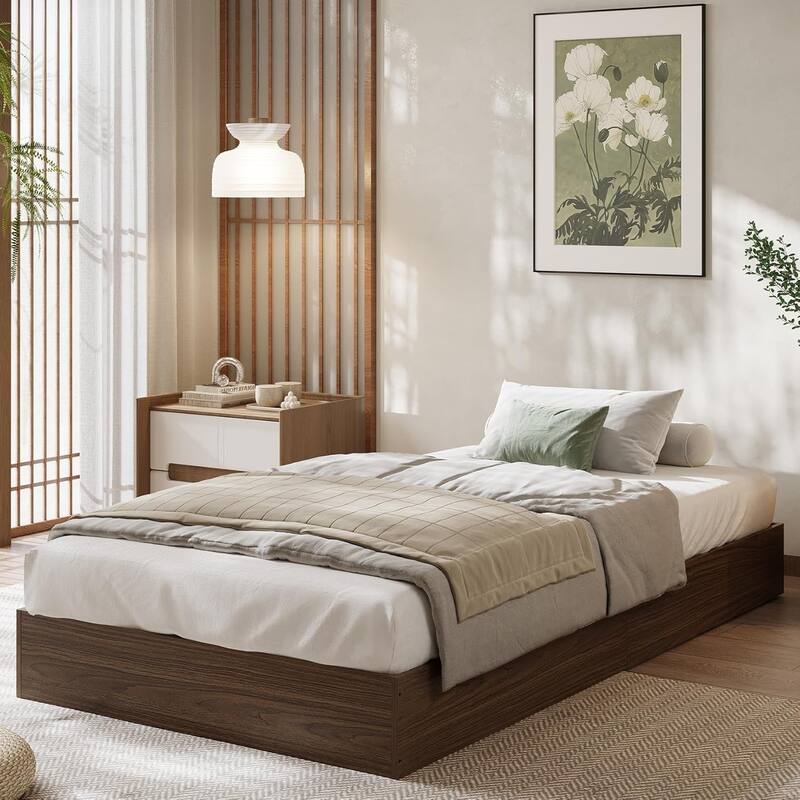 Twin Size Solid Wood Platform Bed with Sturdy Wooden Slats, Floor-Standing Bed Frame