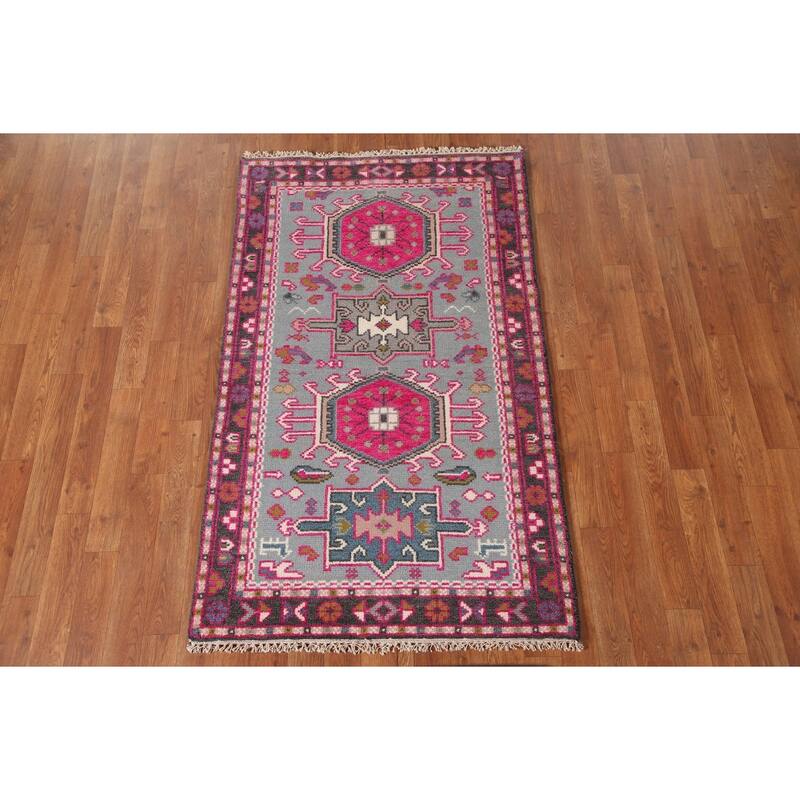 Geometric Kazak Accent Rug Handmade Wool Carpet - 2'11"x 4'11"