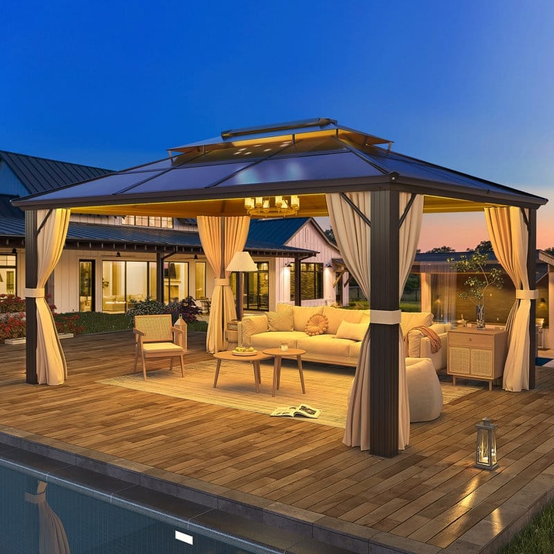 Hardtop Gazebo for Backyard – Permanent Pergola with Netting, Curtains & Double Roof, All-Weather Outdoor Shelter - 10'x13' - Double Roof