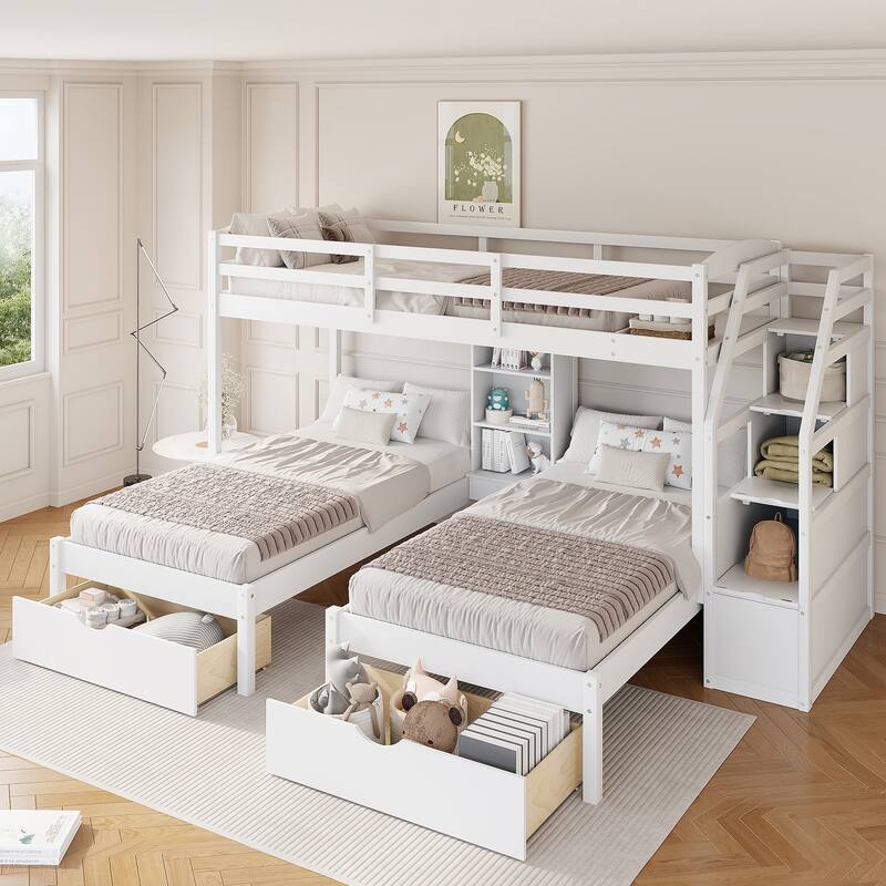 Roomfitters Twin Over Twin and Twin Triple Bunk Bed with Drawers and Storage Shelves