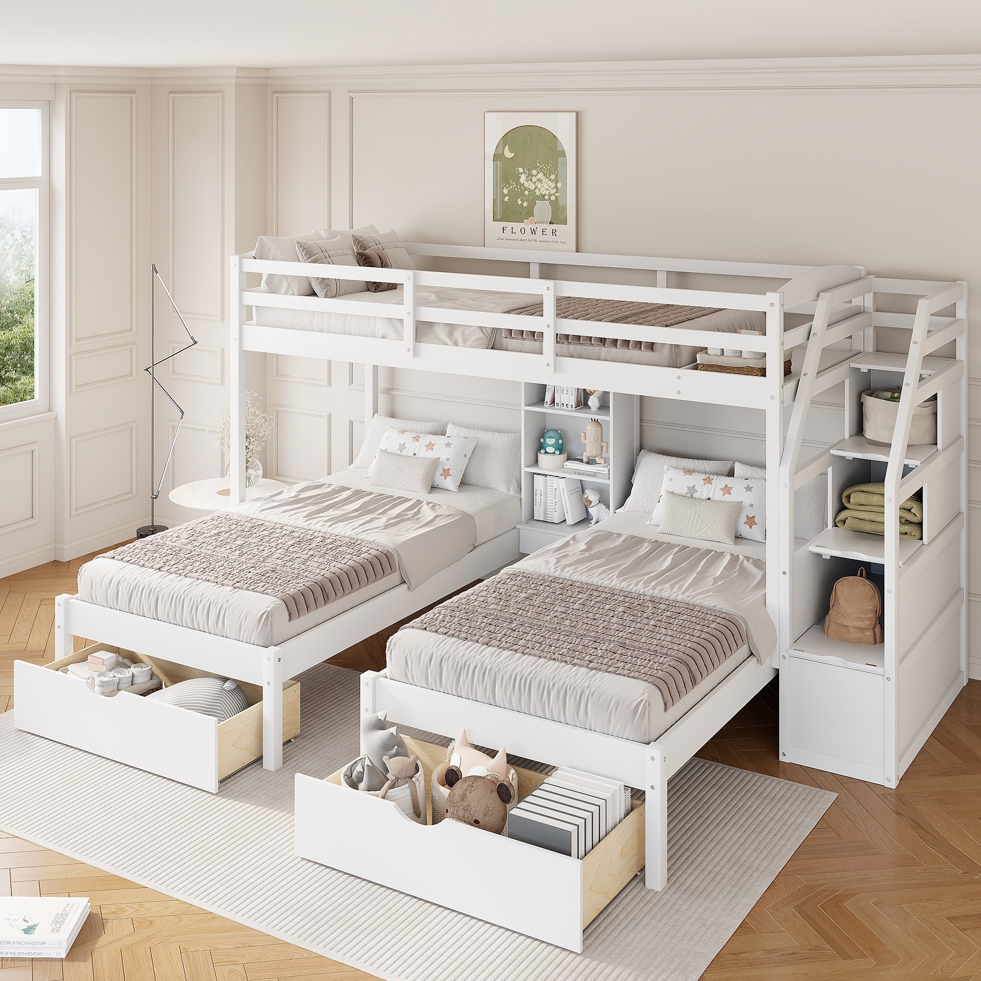 Wooden Triple Bunk Beds with Storage Drawers, Shelves and Staircase, Twin Size Bunk Bed with Guardrails, for Families or Guests