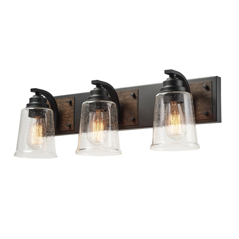 Warsaw 3-Light Matte Black Vanity Light with Dark Faux Wood Accents - one size