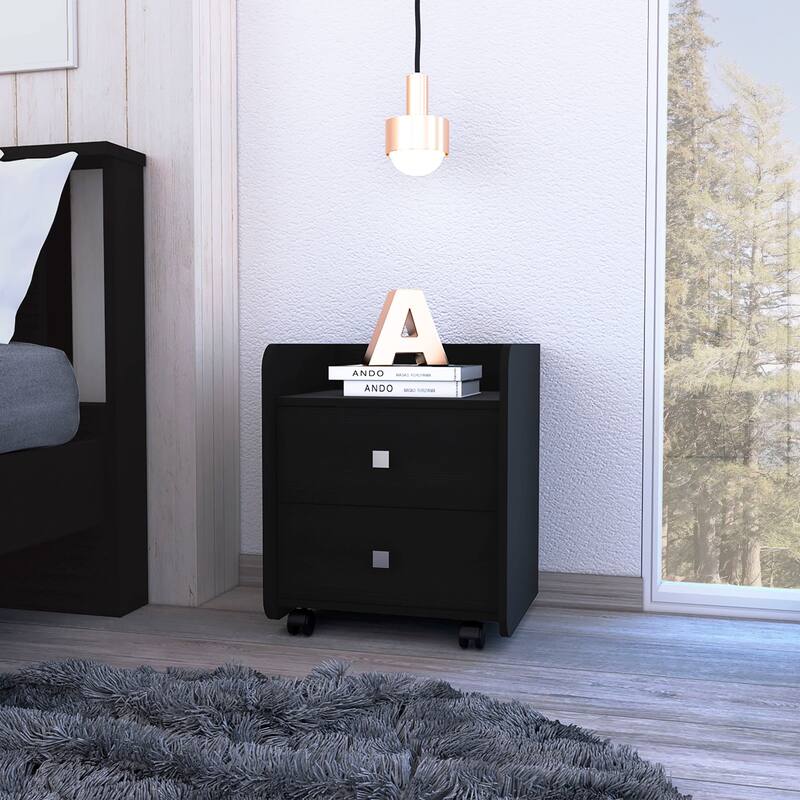 22" Black Two Drawer Nightstand with Pine Top and Metal Handles Bedroom or Living Room Accent Table