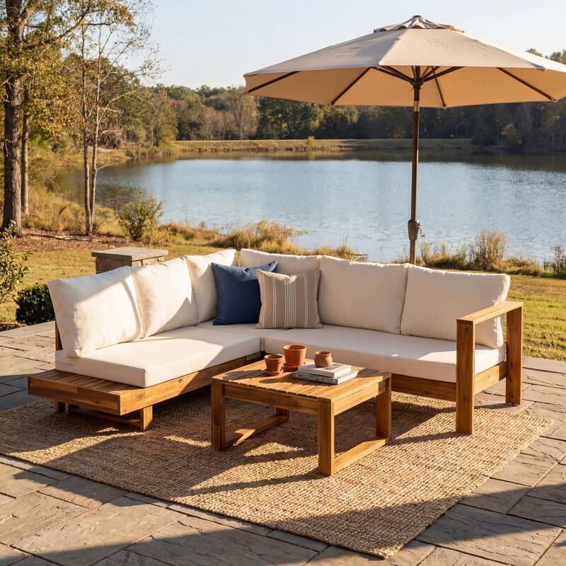 4-Piece Acacia Wood Outdoor Sectional Patio Sofa Set with Cushions and Coffee Table, Natural Slatted Design - Cream,Teak