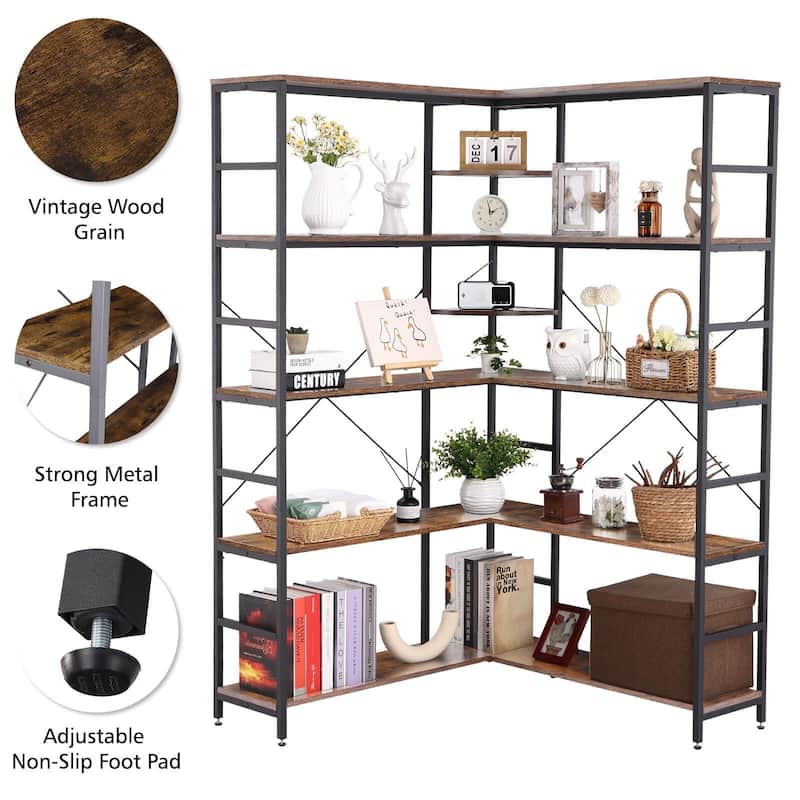 5-Tiers Corner Bookcase with Curved Panels