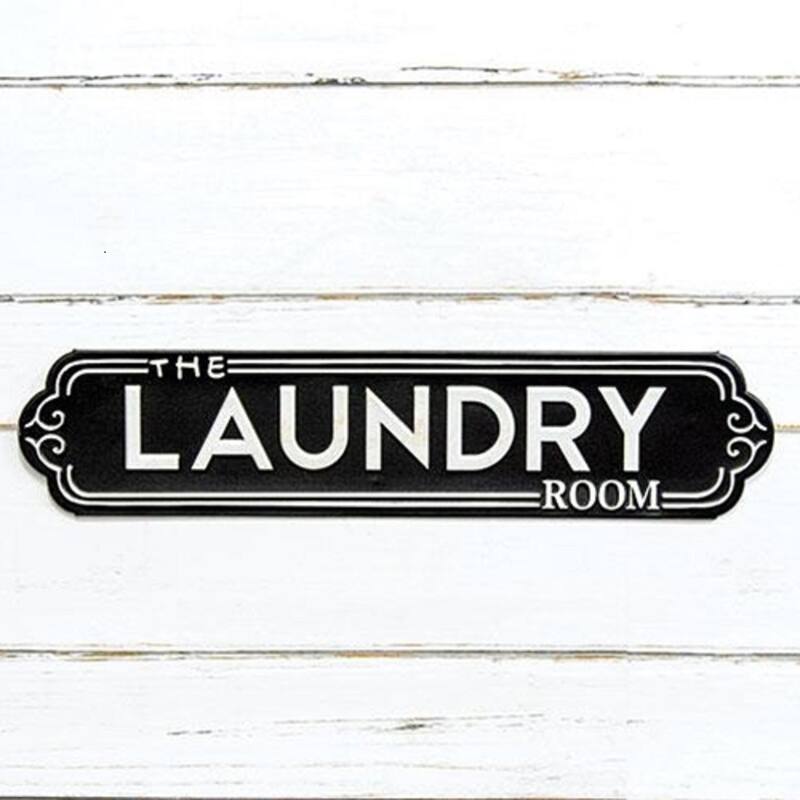 18x4 Inch Black Metal Laundry Room Sign with Raised White Border and Wall Hooks for Wall Decor - 4”L x 18”W x 0.25”H