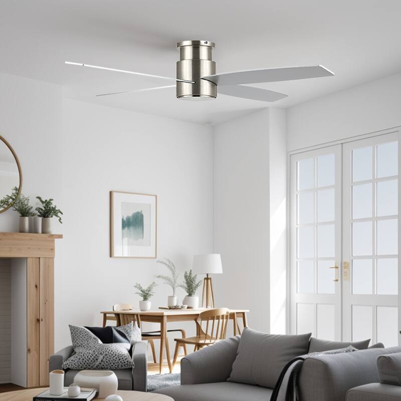 WINGBO 44" and 52" Flush Mount DC Ceiling Fan without Lights, 4 Reversible Blades - 44 inch - Nickel and White/Silver