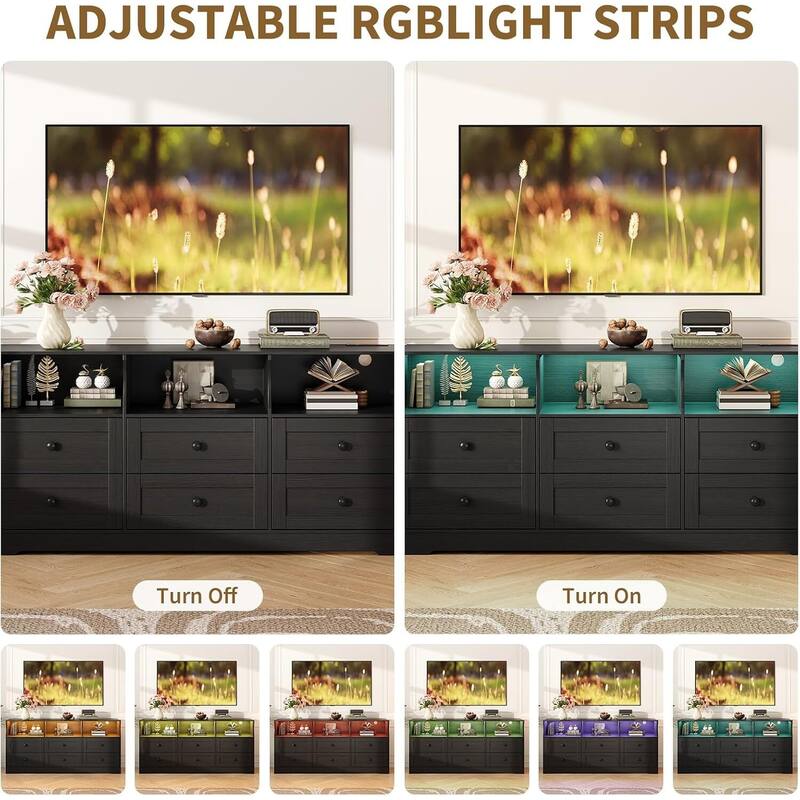 6 Drawer Dresser TV Stand for Bedroom with Charging Station & LED Lights