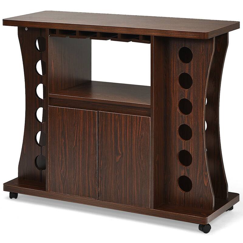 Rolling Buffet Sideboard Wooden Bar Storage Cabinet - Walnut - 43.5" x 15.5" x 36"(L x W x H)