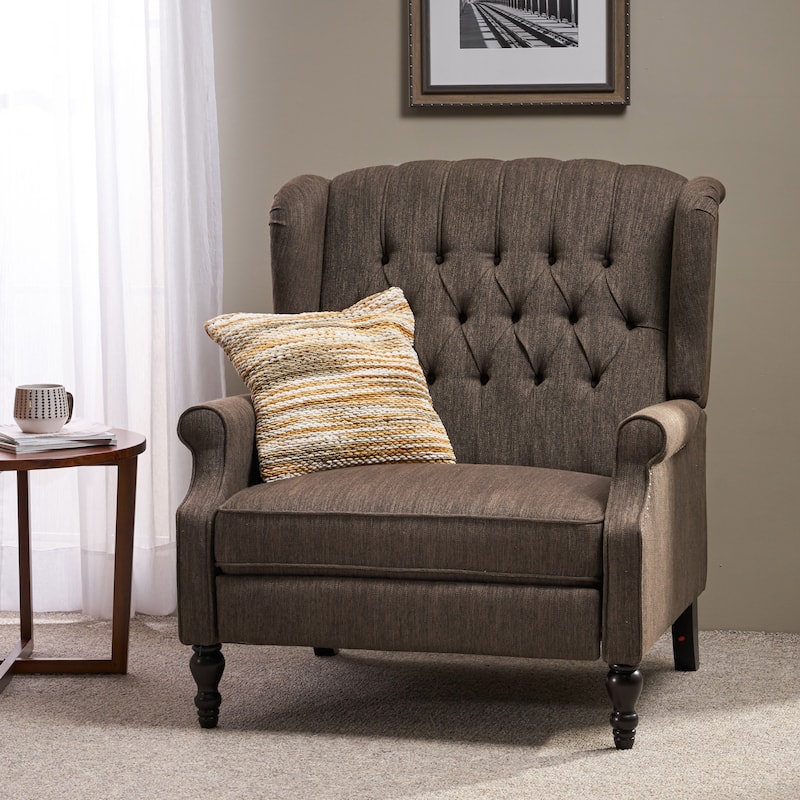 Roomfitters Tufted Wingback Recliner Chair with Rolled Arms and Turned Wood Legs, Lounge Accent Chair for Living Room - Brown