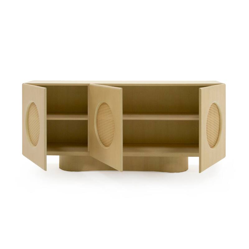 Noe Aky Sideboard Buffet Cabinet, 3 Doors w Rattan Fronts, Brown, 70 Inch