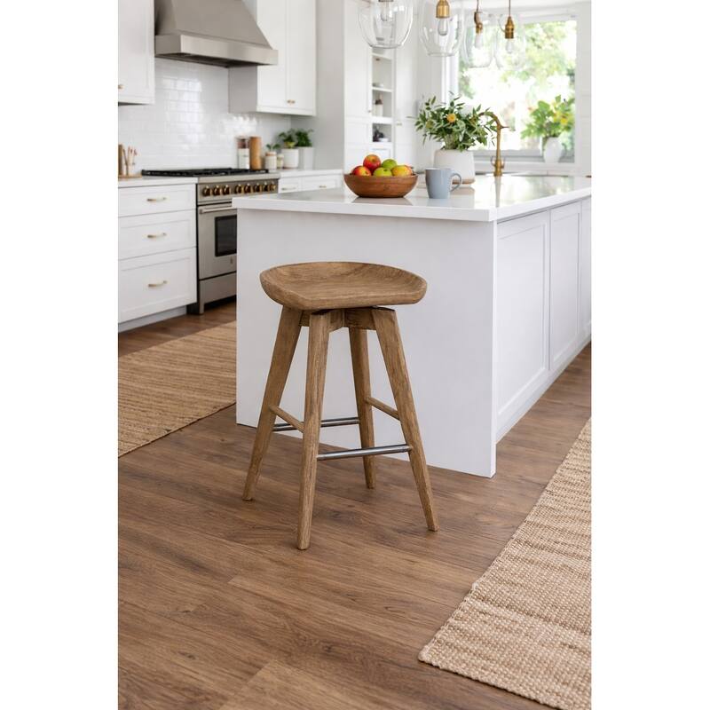 Bali Backless Wood Swivel Indoor Barstool - Barnwood Wire-Brush - Counter Height
