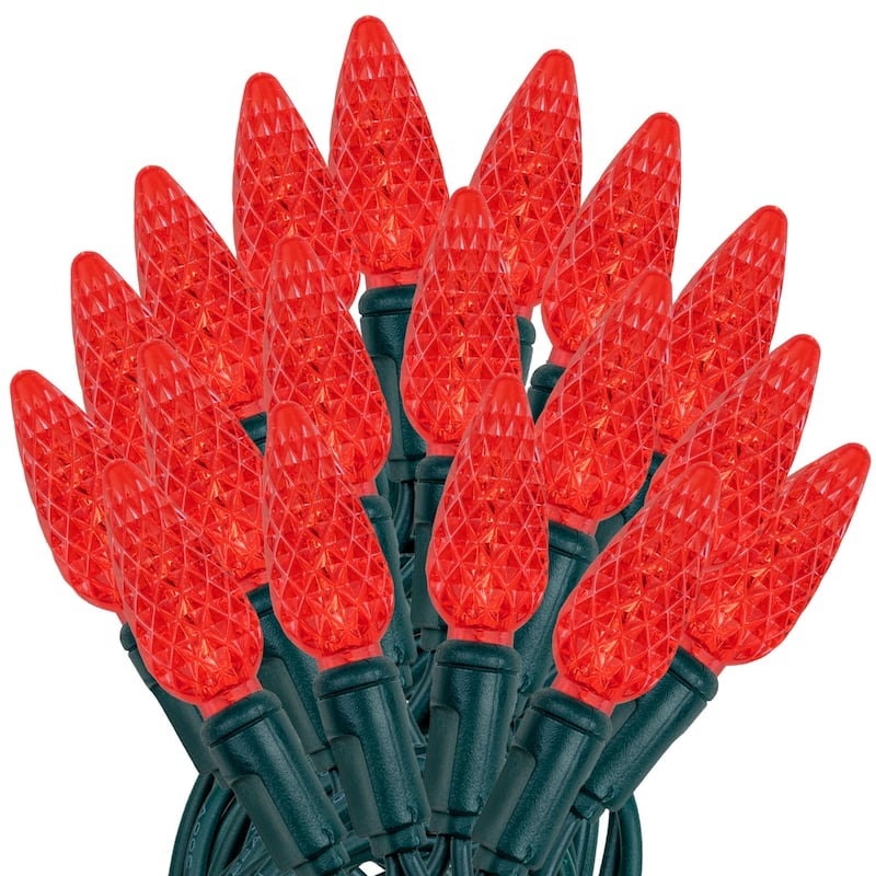 100 Light C6 LED Christmas Mini Light Set, Green Wire, 50 Feet - Red