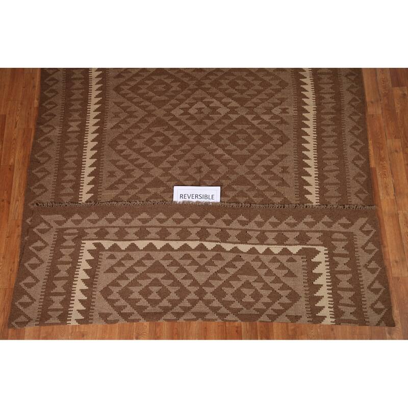 Brown Reversible Kilim Oriental Area Rug Flat-weave Wool Carpet - 6'9" x 9'10"