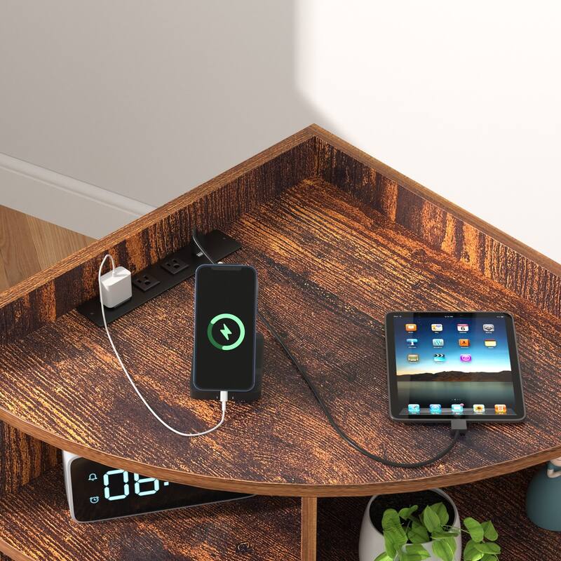 VECELO 4-Tier Adjustable Corner Bookshelf with Charging Station 3 AC Outlets & 2 USB Ports Waterproof Eco-Friendly Design