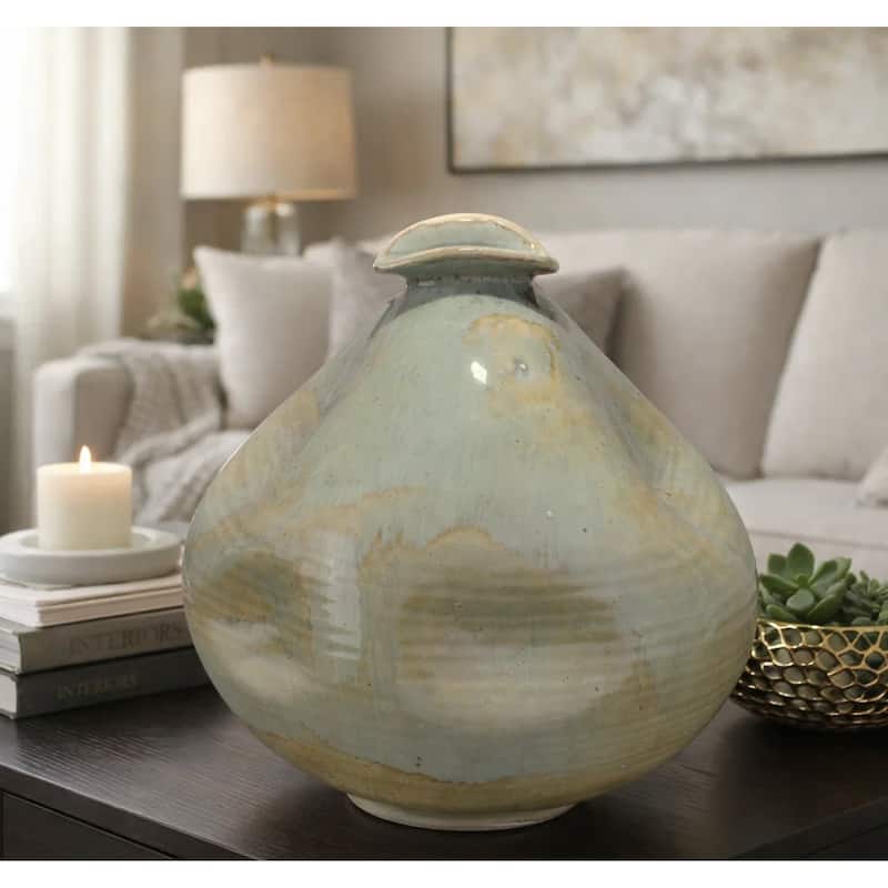 Noah 11 Inch Ceramic Decorative Vase, Irregular Dimpled Shape, Glossy Reactive Blue