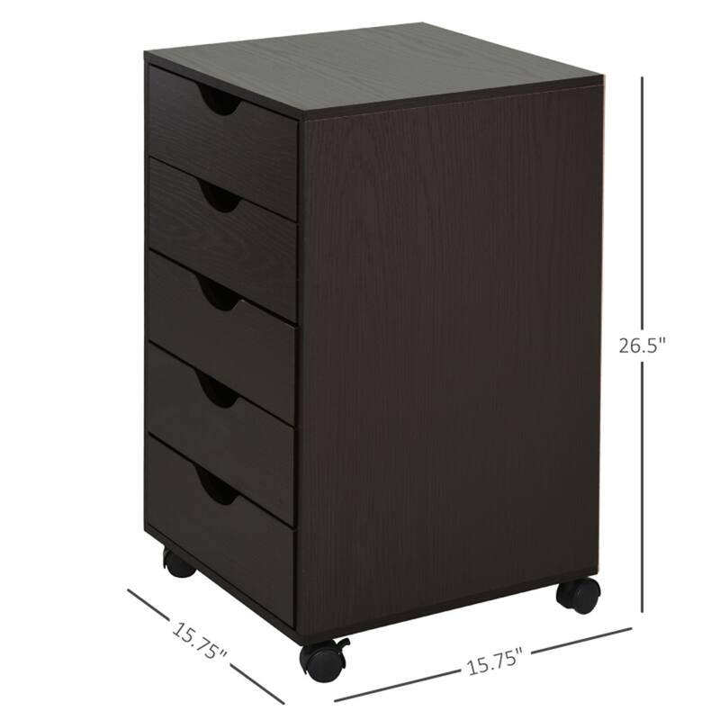 26.5" High Brown Smooth Glide 5 Drawers Storage Cabinet with Casters for Office and Home Use