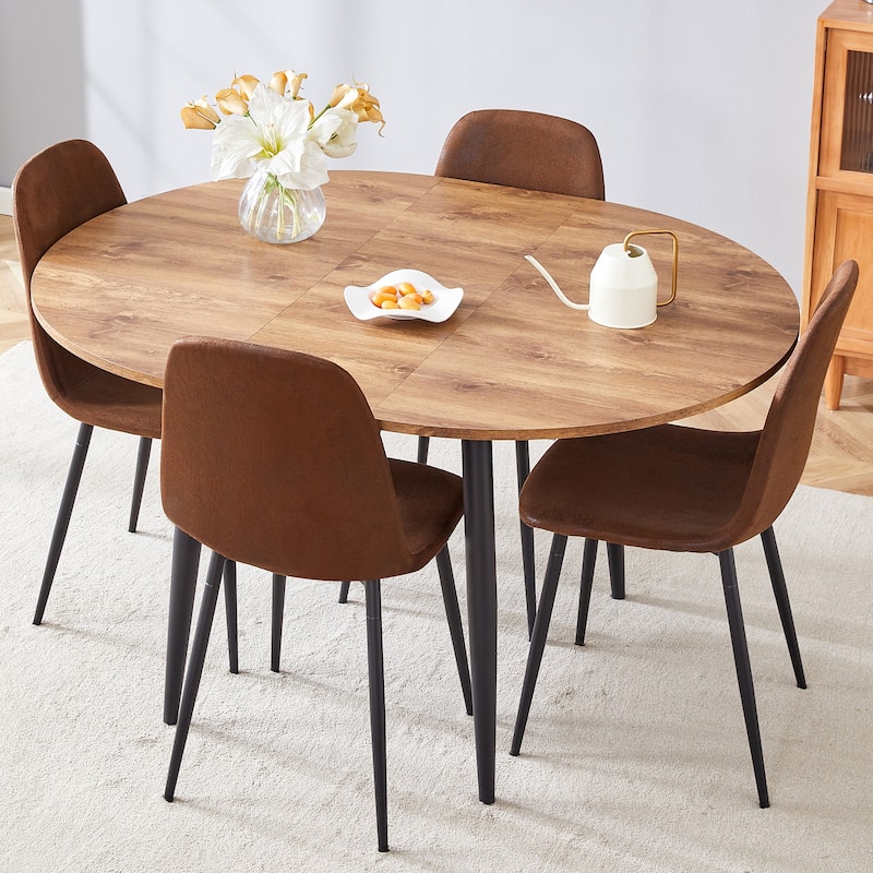 Wood Kitchen Table Set with 4 Chairs, 5-Piece Round Dining Set with Extendable Dining Table for Dining Room