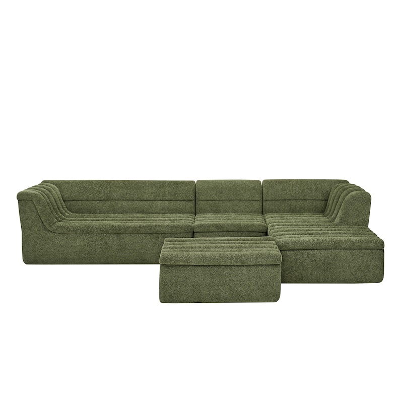 Roomfitters U-Shaped Modular Sectional Sofa with Chaise and Movable Ottoman, Chenille Upholstery and Wave-Shaped Armrest