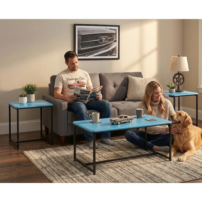 GT 3-Piece Carbon Fiber Coffee Table and End Table Set, 39.5” Rectangular Coffee Table with 2 End Tables, Metal Frame