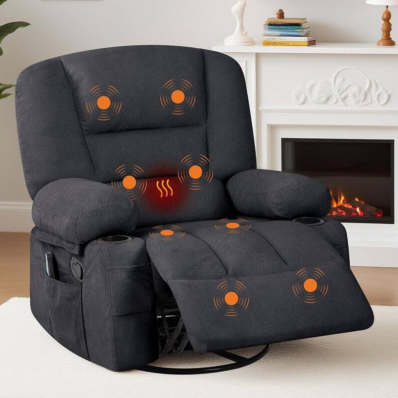 360° Swivel Massage and Heating Rocker Recliner Chairs for Living Room, Bedroom - Black