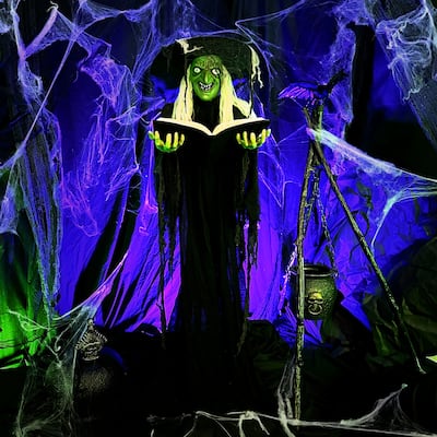Haunted Hill Farm 6-Ft. Life-Size Poseable Talking Witch with Spell Book