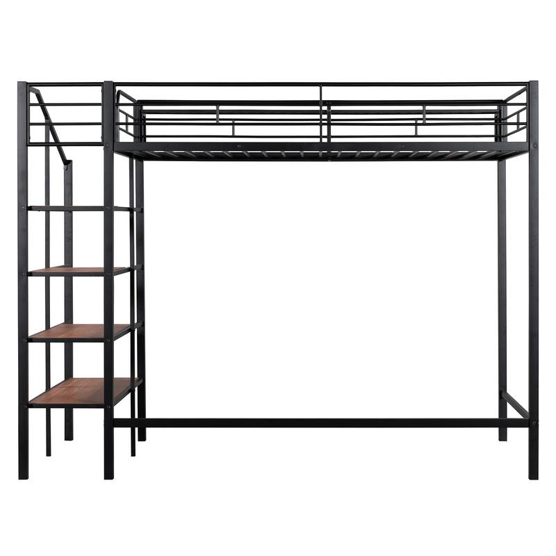 Twin Size Metal Loft Bed with Upper Grid Storage Shelf and Lateral Storage Ladder