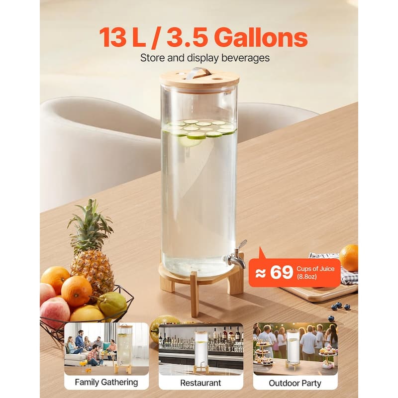 Transparent Borosilicate Glass Single Cylinder Beverage Dispenser 3.5 Gal with Wicker Stand - 9.06 x 9.06 x 26.77 in