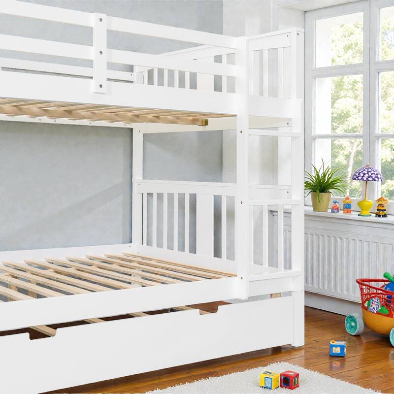 Full over Full Bunk Bed with Twin Trundle, Solid Wood Frame, Safety Guardrails & Ladder, Convertible into Two Beds