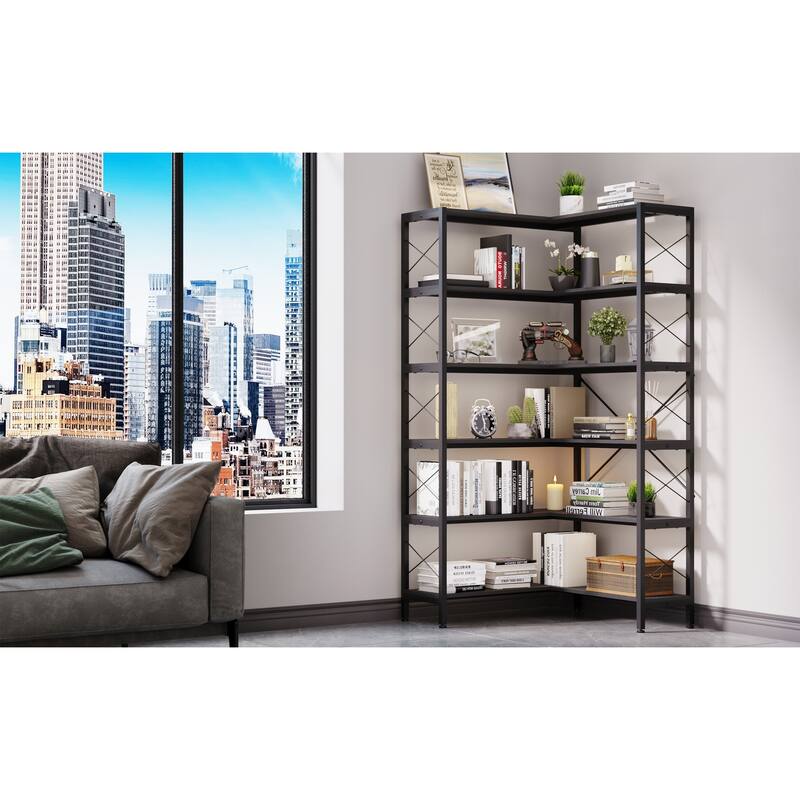 6-Shelf Corner Bookcase, Vintage Industrial Corner Shelf Stand Etagere Bookcase