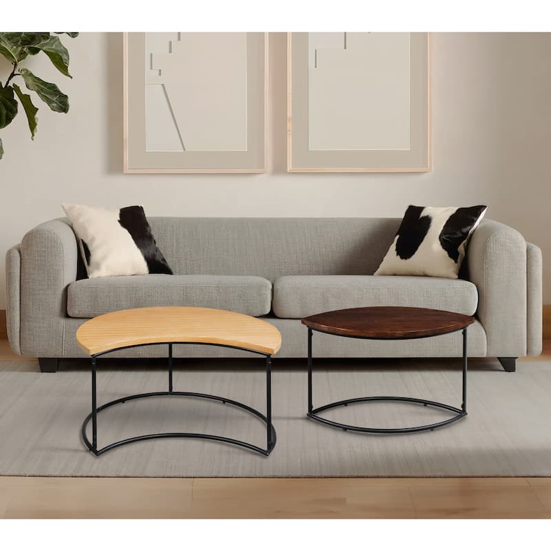 35 Inch 2 Piece Coffee Table with Black Iron Frame, 2 Tone Mango Wood Top In Natural Brown and Walnut