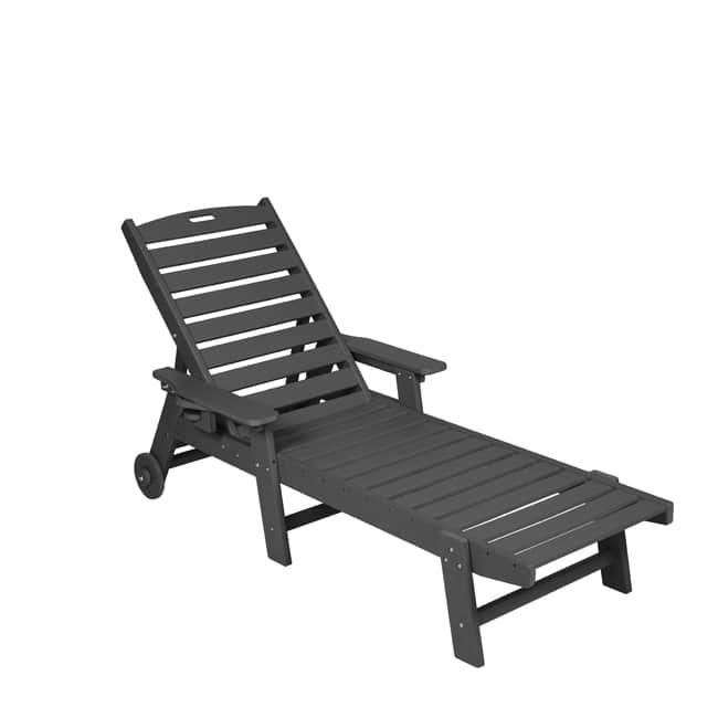 Oversized Outdoor Lounge Chair With Wood Texture‌ - Five-Position Adjustable HDPE Chaise Lounge Featuring Wheels And Cup Holder. - Black