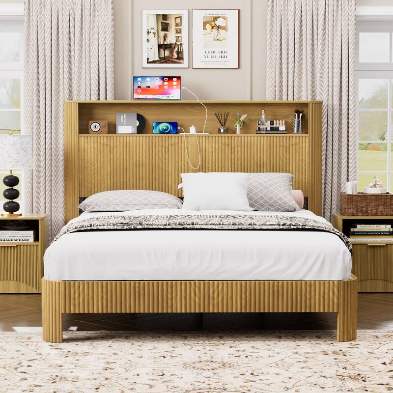 Queen Size Bed Frame With Storage Headboard, Built-In Charging Station, Wavy Curved Lines Design, Silent Operation - Natural