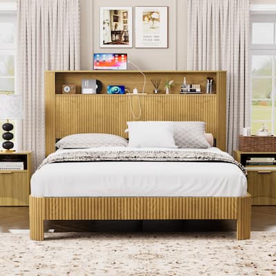 Queen Size Bed Frame With Storage Headboard, Built-In Charging Station, Wavy Curved Lines Design, Silent Operation