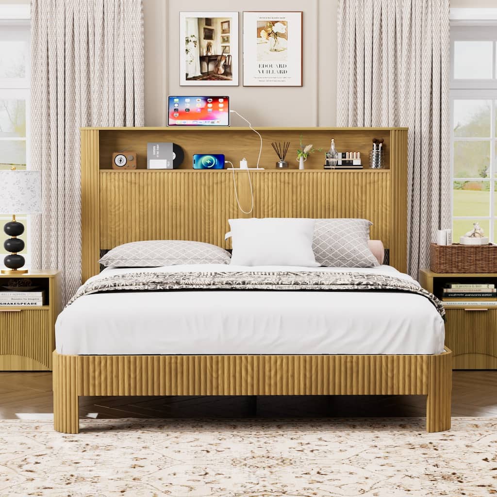 Queen Size Bed Frame With Storage Headboard, Built-In Charging Station, Wavy Curved Lines Design, Silent Operation