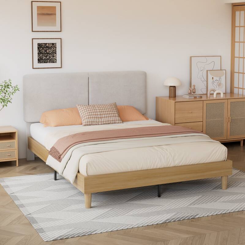 VECELO Upholstered Platform Bed Frame with Adjustable Headboard, Solid Wood Slats, No Box Spring Needed, Twin/Full/Queen Size