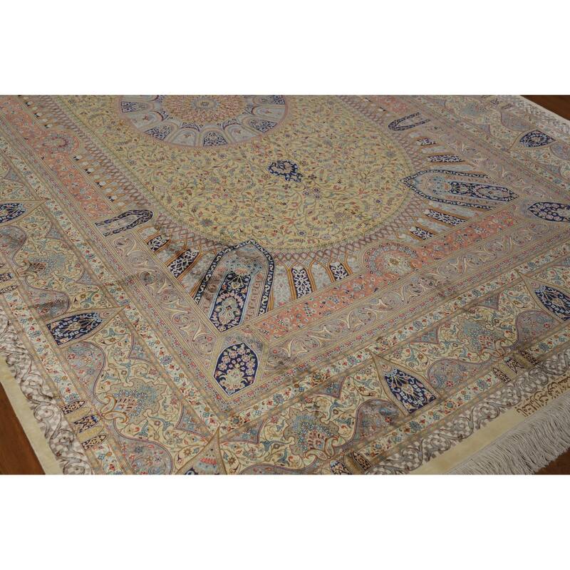 Hand Knotted Oriental 100% Silk Carpet Traditional Floral Yellow & Gold Qum Area Rug - 10' 2'' X 6' 5''