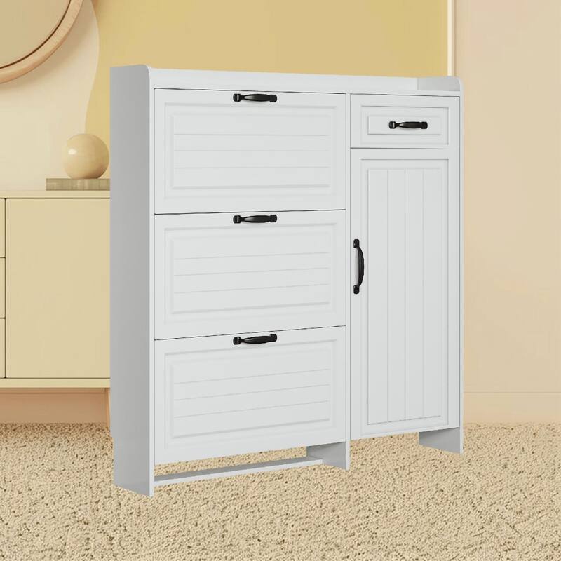 Slim 4-Door Shoe Organizer Rack Cabinet with Drawers and Adjustable Shelves for Entryway, Hallway Organized Storage - White