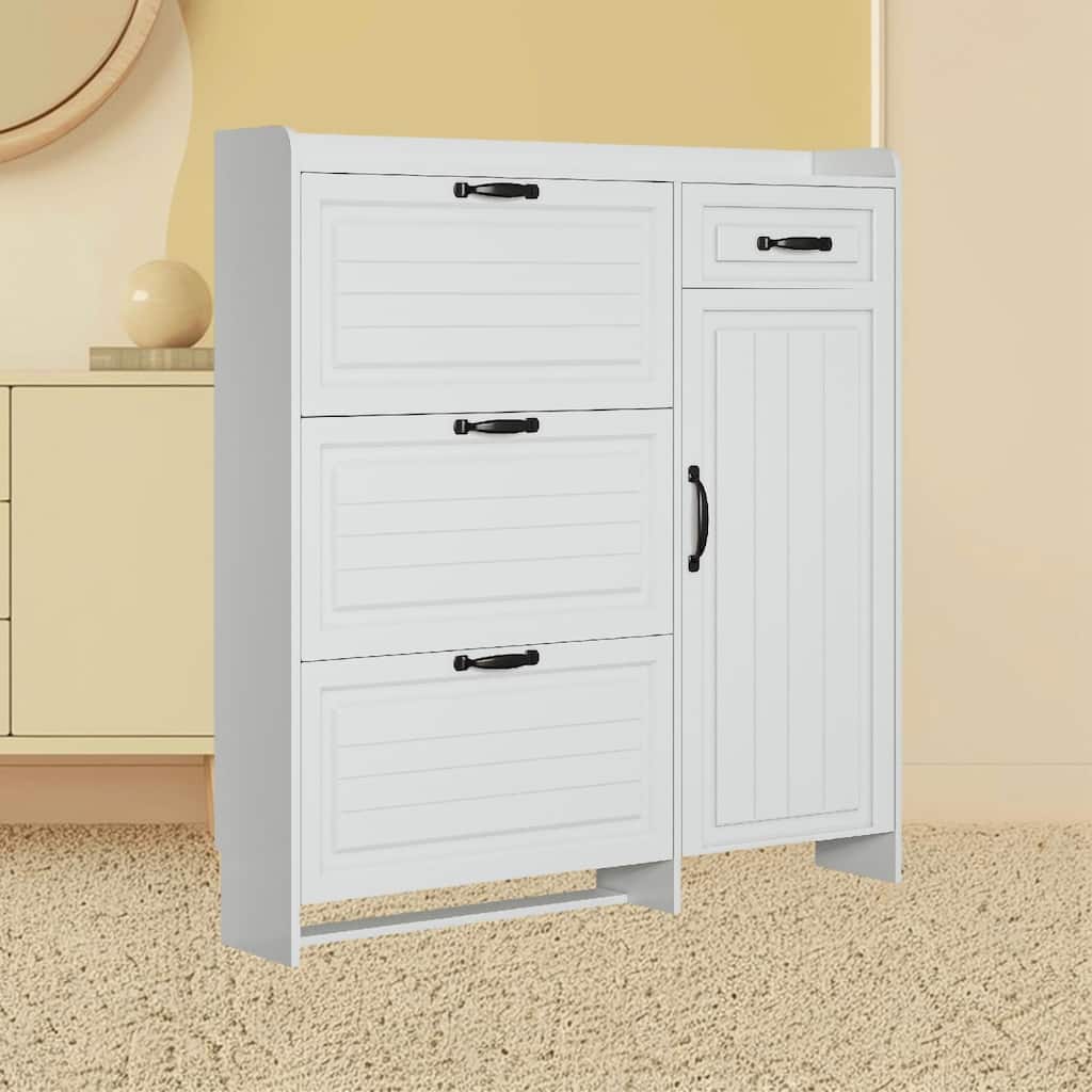 Slim 4-Door Shoe Organizer Rack Cabinet with Drawers and Adjustable Shelves for Entryway, Hallway Organized Storage