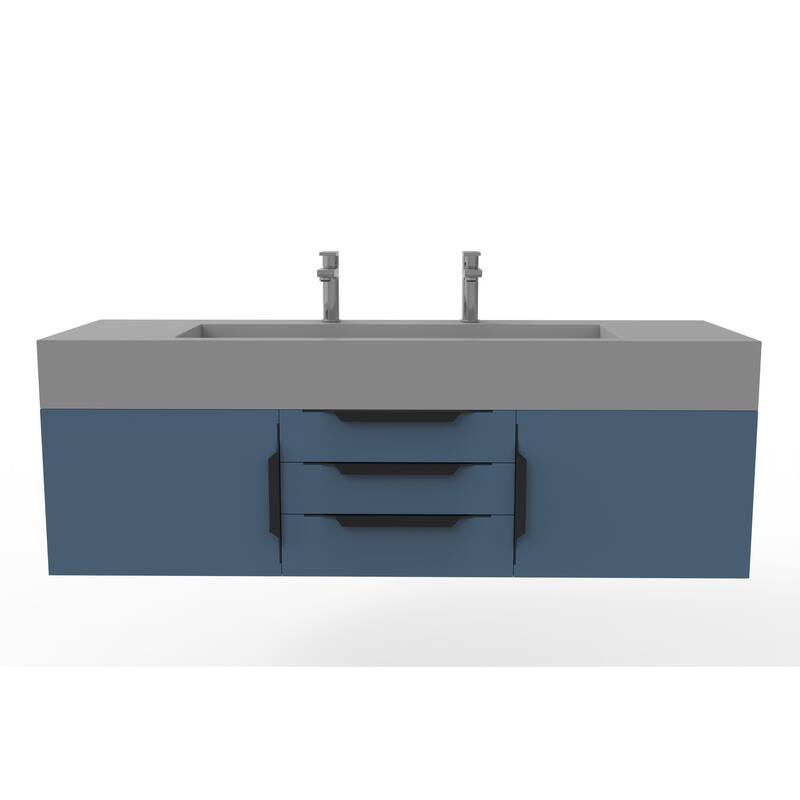 Nile 60" Wall Mounted Bathroom Vanity Set with Gray Solid Surface Top - Blue - Matte