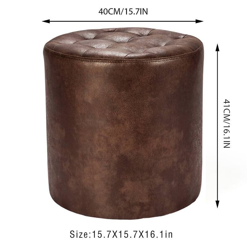 Adeco Round Ottoman Upholstered Tufted Faux Leather Footrest