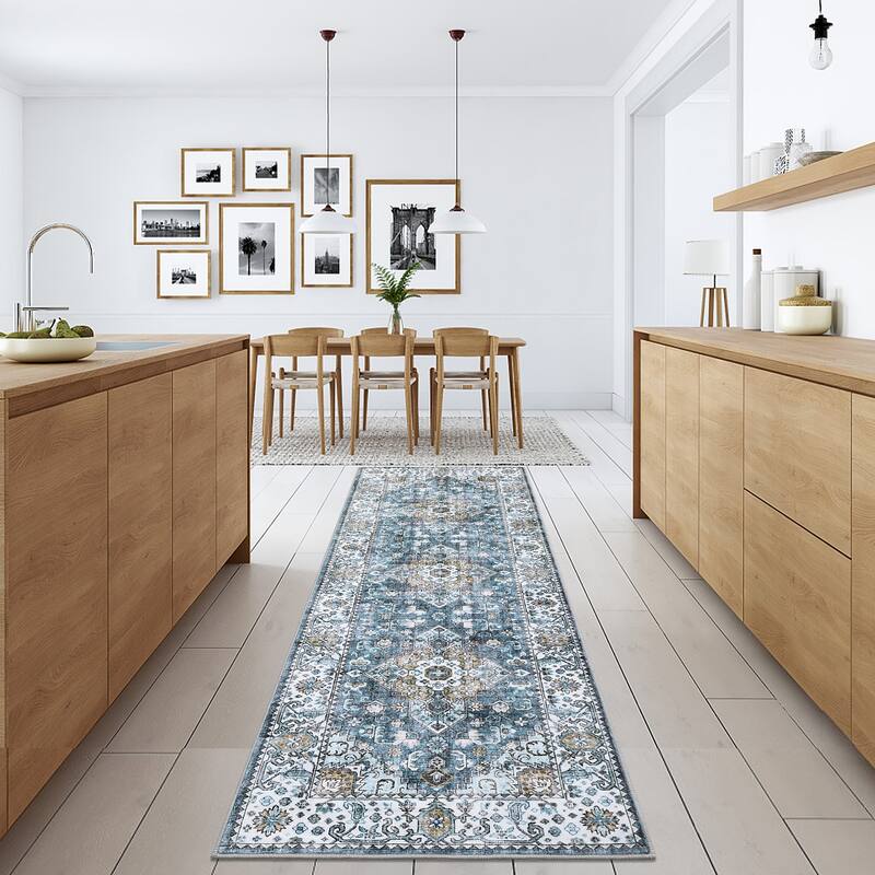 Washable Rug Vintage Medallion Area Rugs for Living Room Bedroom, Non-Skid Low Pile Floral Rug Soft Foldable Rug