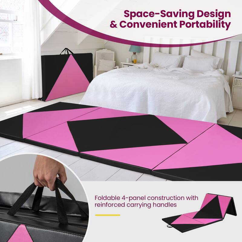 4-Panel Foldable Gymnastics Mat with Shock Absorbing Foam and Hook Loop Secure Connection - 120" x 48" x 2"