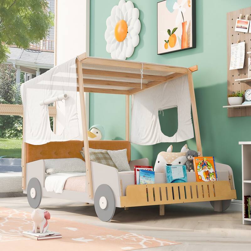 Wood Twin/Full Size Car Bed with Pillow, Ceiling Cloth