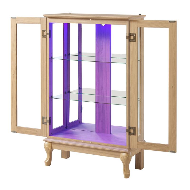 Elegant Light Oak Curio Cabinet with Tempered Glass Doors,LED Light