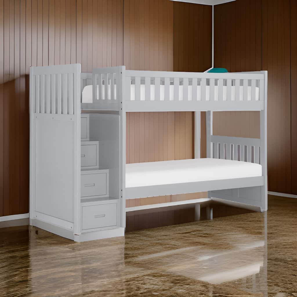 Catherine Twin over Twin Bunk Bed, Storage Step, Gray Veneer, Solid Wood